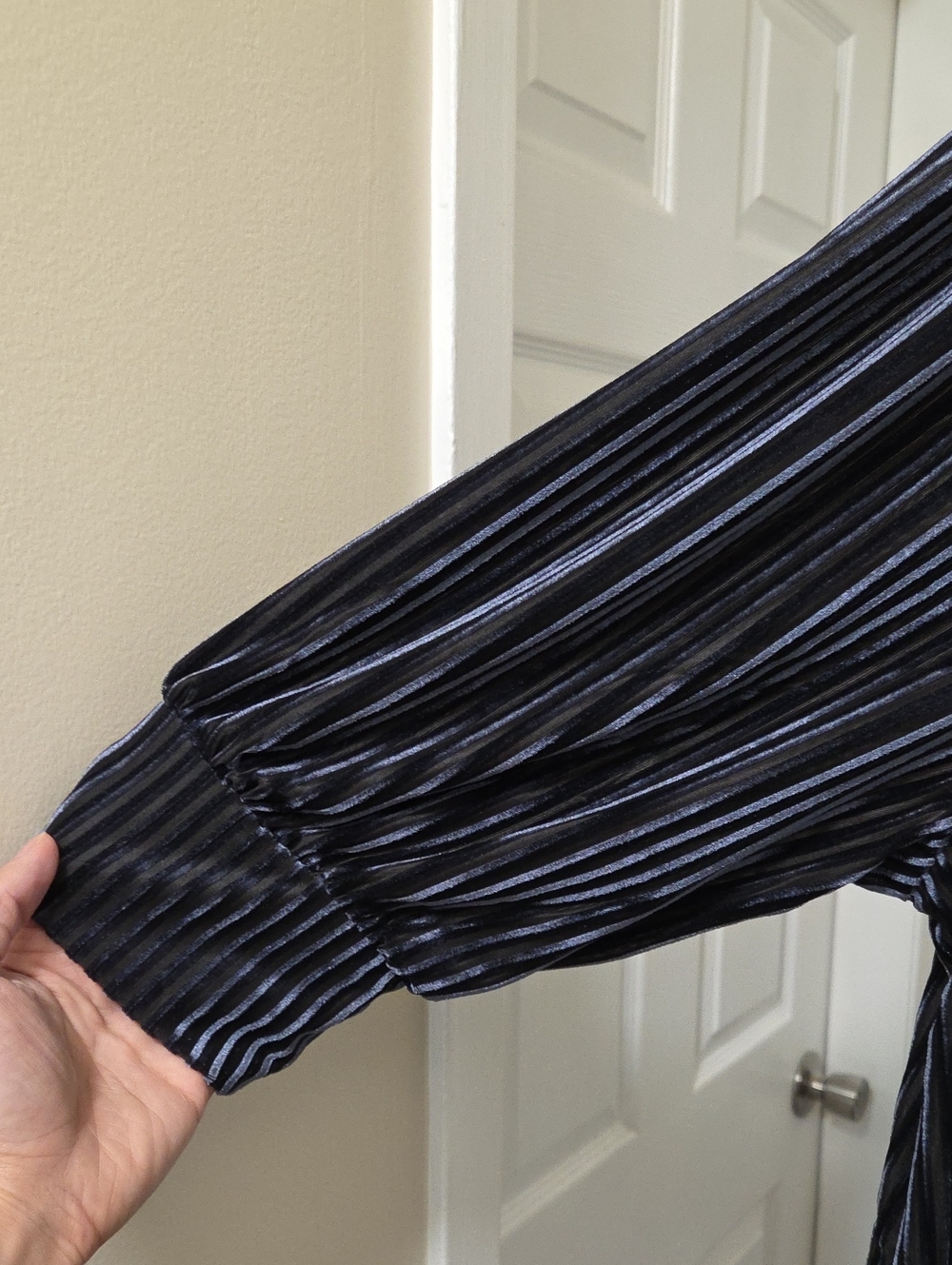 Kaffe Black Pleated Velvet Puff Sleeve Top | Shimmer Stripe Textured Blouse - Picture 6 of 10